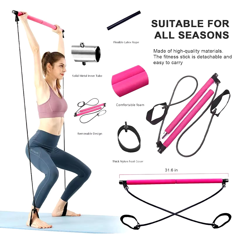 Multifunctional Pilates Bar Combination Fitness Bar Yoga Chest Expansion Tension Rope Back Trainer Elastic Rope Stretching Belt